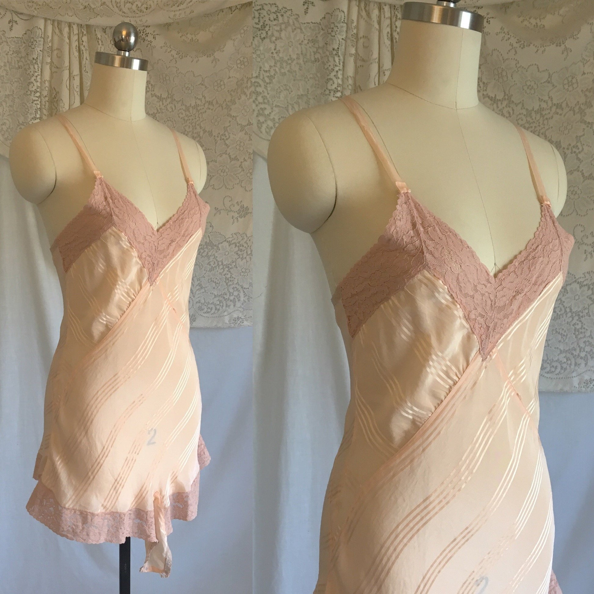 Vintage 1930's Teddy | Peach Silk with Satin Stripes & Mauve Pink Lace | Streamline Lingerie | Size XS - Daggers & Dames