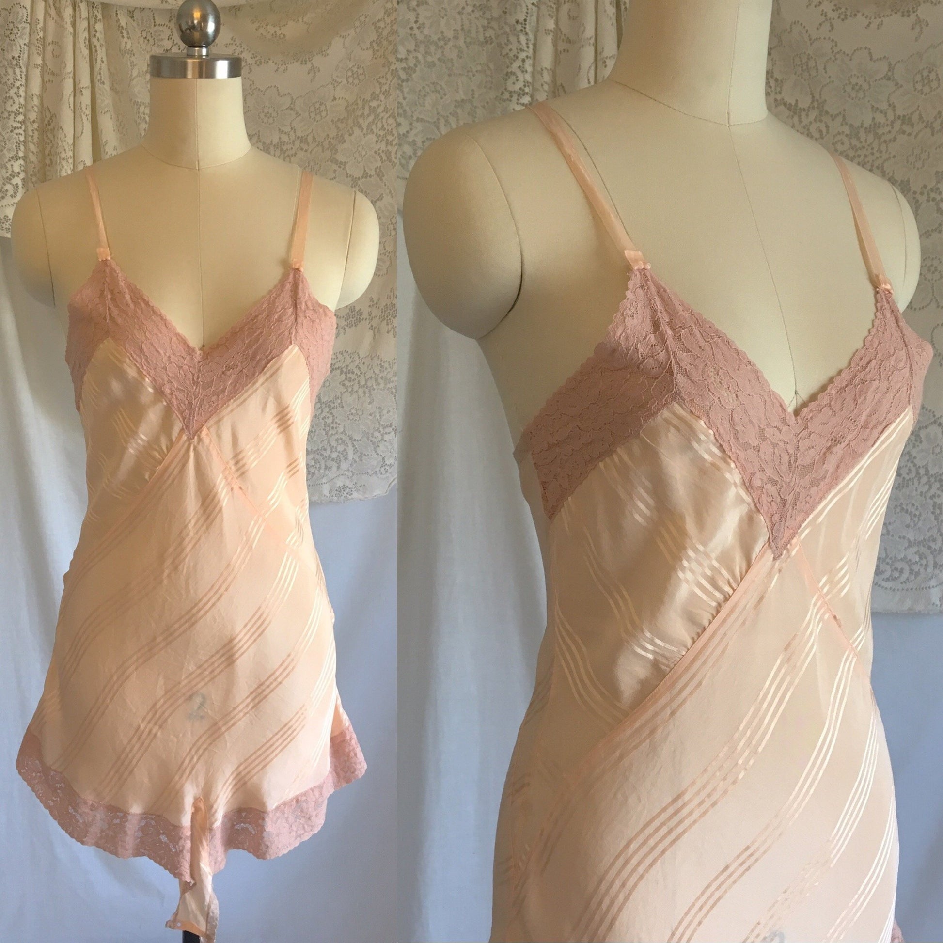 Vintage 1930's Teddy | Peach Silk with Satin Stripes & Mauve Pink Lace | Streamline Lingerie | Size XS - Daggers & Dames
