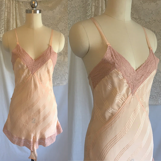 Vintage 1930's Teddy | Peach Silk with Satin Stripes & Mauve Pink Lace | Streamline Lingerie | Size XS - Daggers & Dames