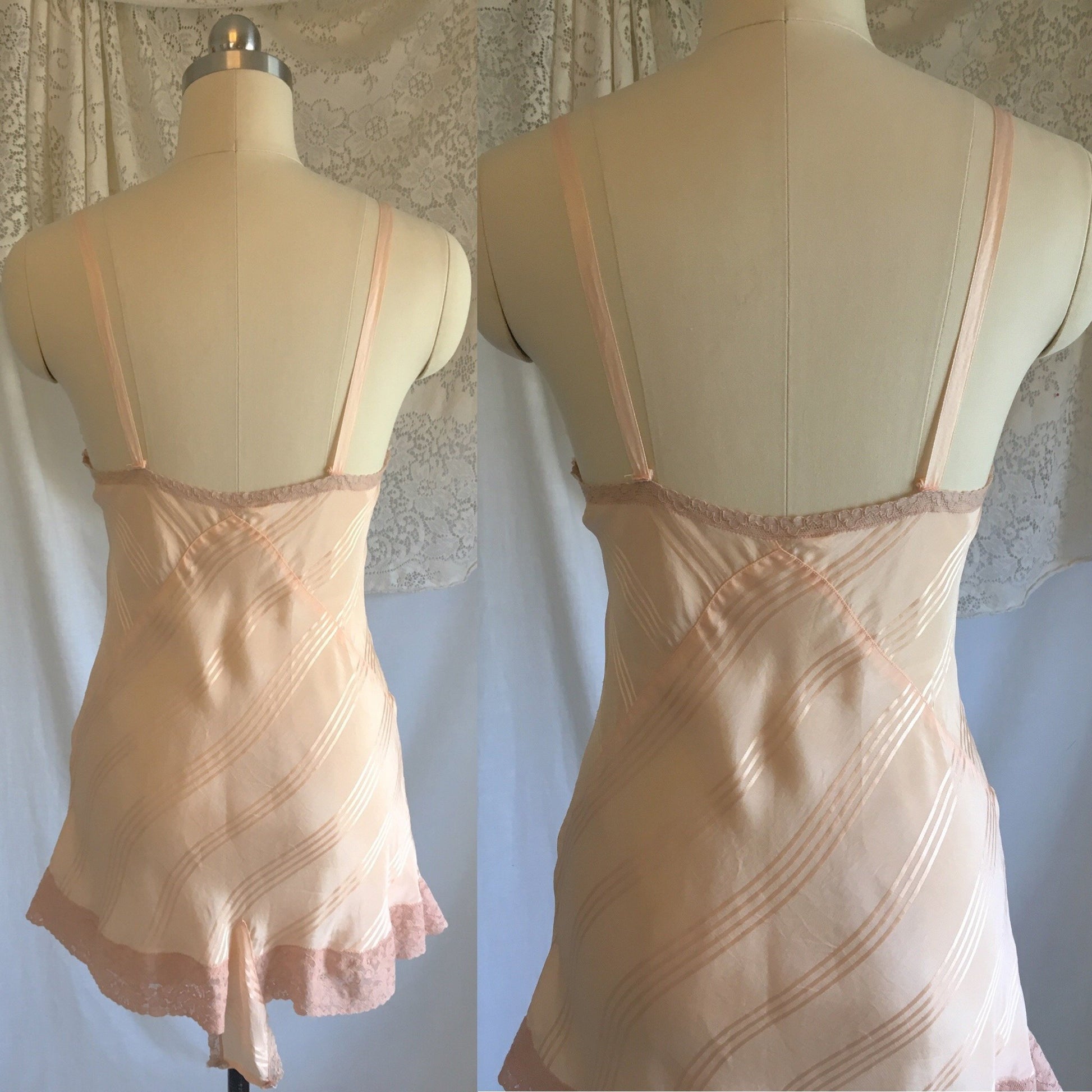 Vintage 1930's Teddy | Peach Silk with Satin Stripes & Mauve Pink Lace | Streamline Lingerie | Size XS - Daggers & Dames
