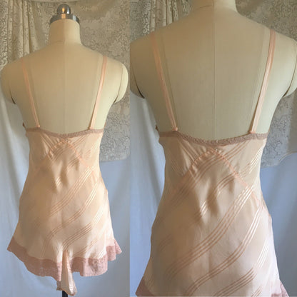 Vintage 1930's Teddy | Peach Silk with Satin Stripes & Mauve Pink Lace | Streamline Lingerie | Size XS - Daggers & Dames