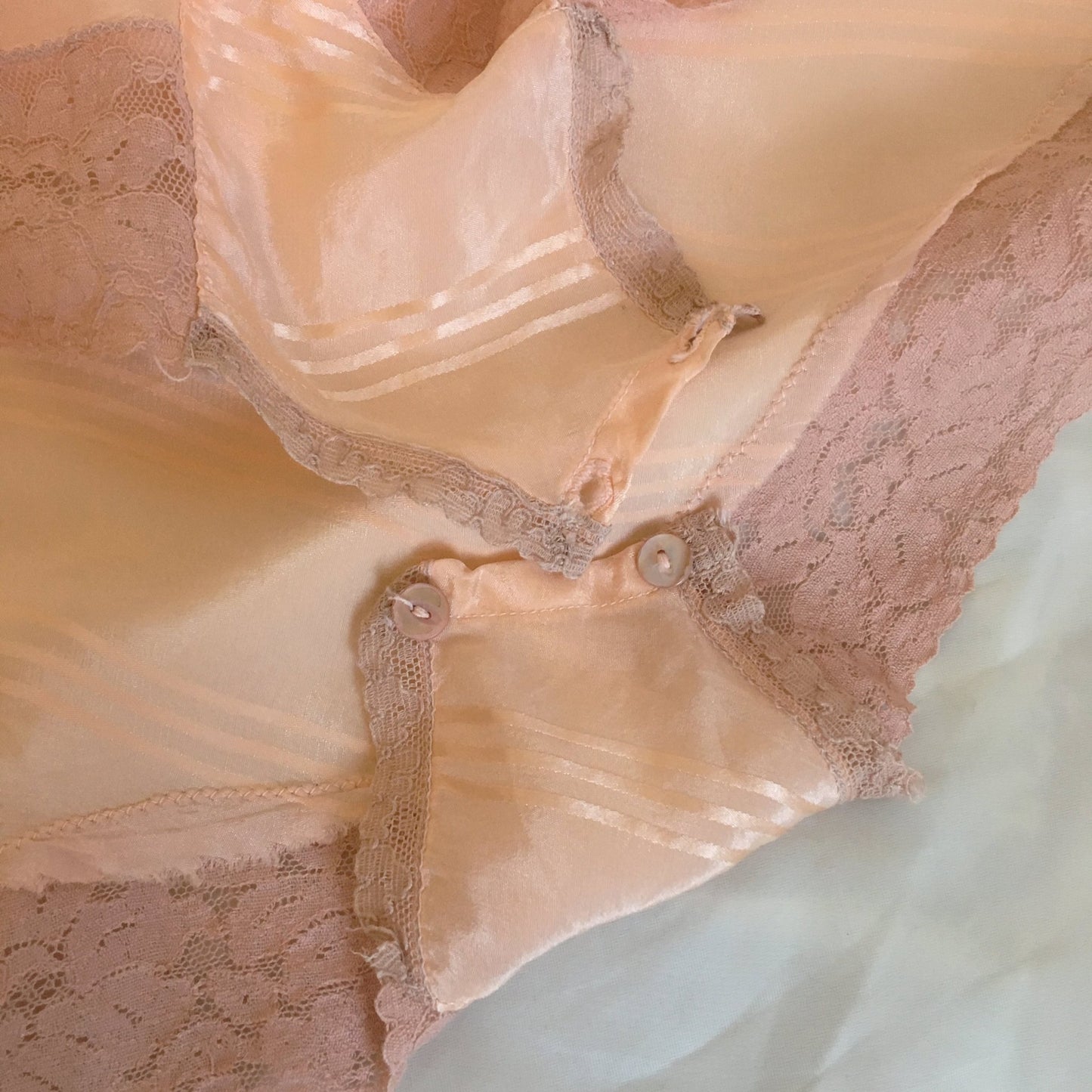 Vintage 1930's Teddy | Peach Silk with Satin Stripes & Mauve Pink Lace | Streamline Lingerie | Size XS - Daggers & Dames