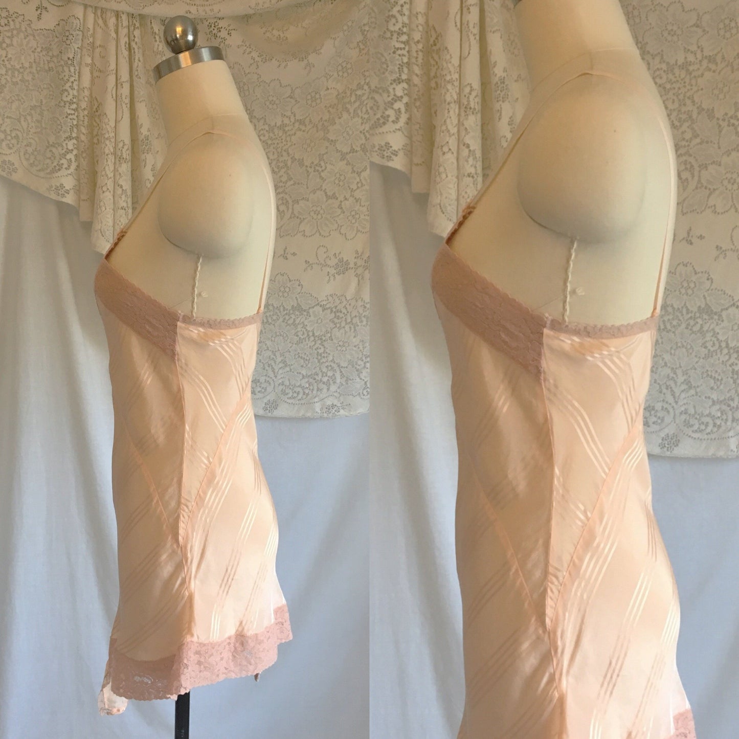Vintage 1930's Teddy | Peach Silk with Satin Stripes & Mauve Pink Lace | Streamline Lingerie | Size XS - Daggers & Dames
