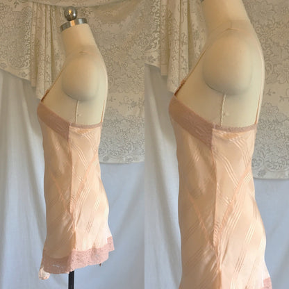 Vintage 1930's Teddy | Peach Silk with Satin Stripes & Mauve Pink Lace | Streamline Lingerie | Size XS - Daggers & Dames