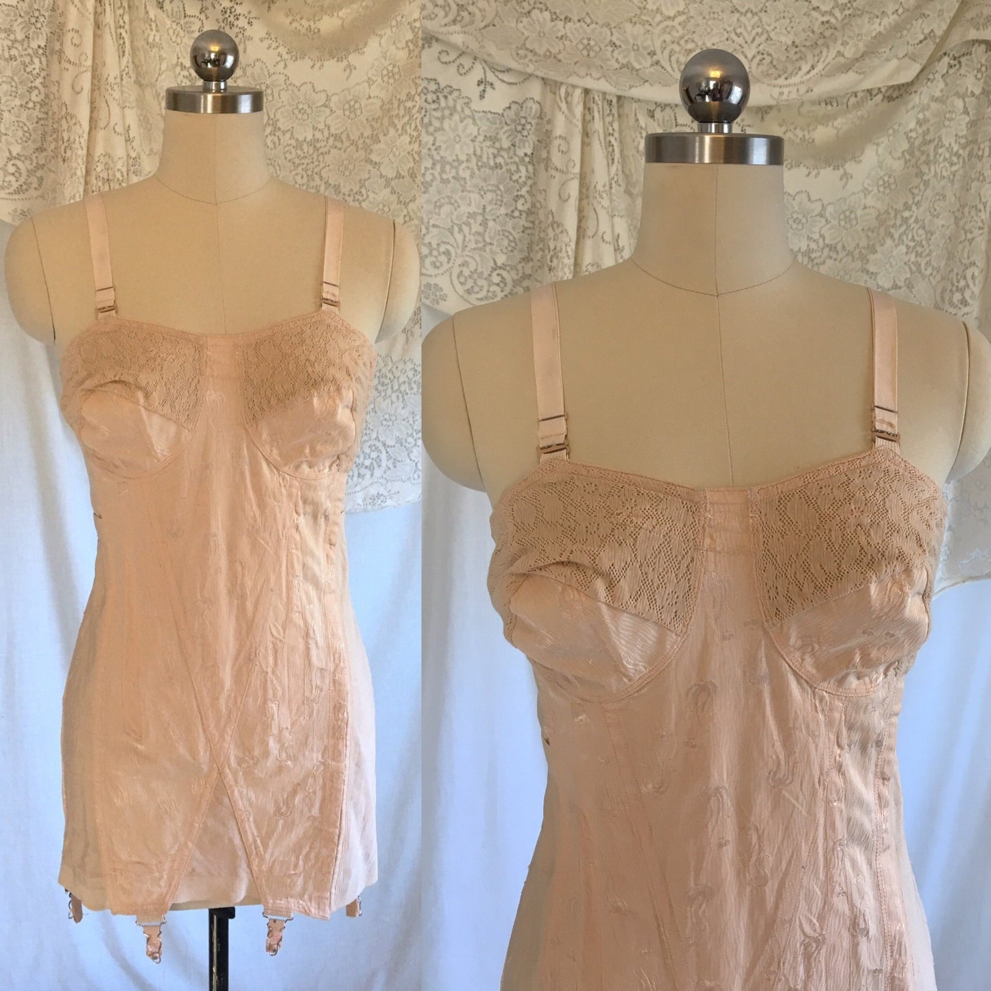 Vintage 1940's All in One Girdle | Antique Rose Pink Rayon with Satin Damask & Cotton Lace | Famise | Size M, LG - Daggers & Dames