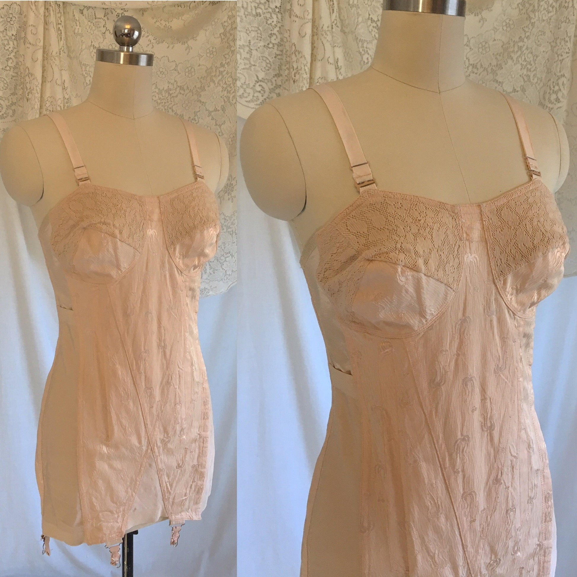 Vintage 1940's All in One Girdle | Antique Rose Pink Rayon with Satin Damask & Cotton Lace | Famise | Size M, LG - Daggers & Dames