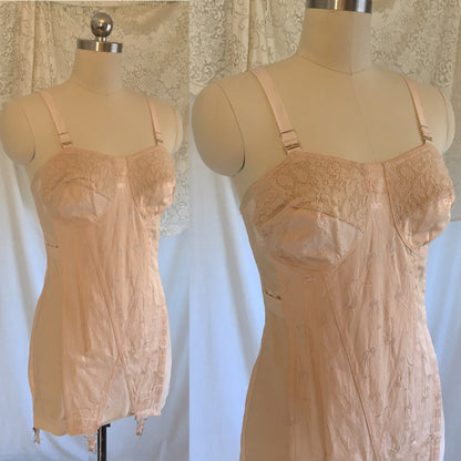Vintage 1940's All in One Girdle | Antique Rose Pink Rayon with Satin Damask & Cotton Lace | Famise | Size M, LG - Daggers & Dames