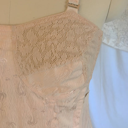 Vintage 1940's All in One Girdle | Antique Rose Pink Rayon with Satin Damask & Cotton Lace | Famise | Size M, LG - Daggers & Dames