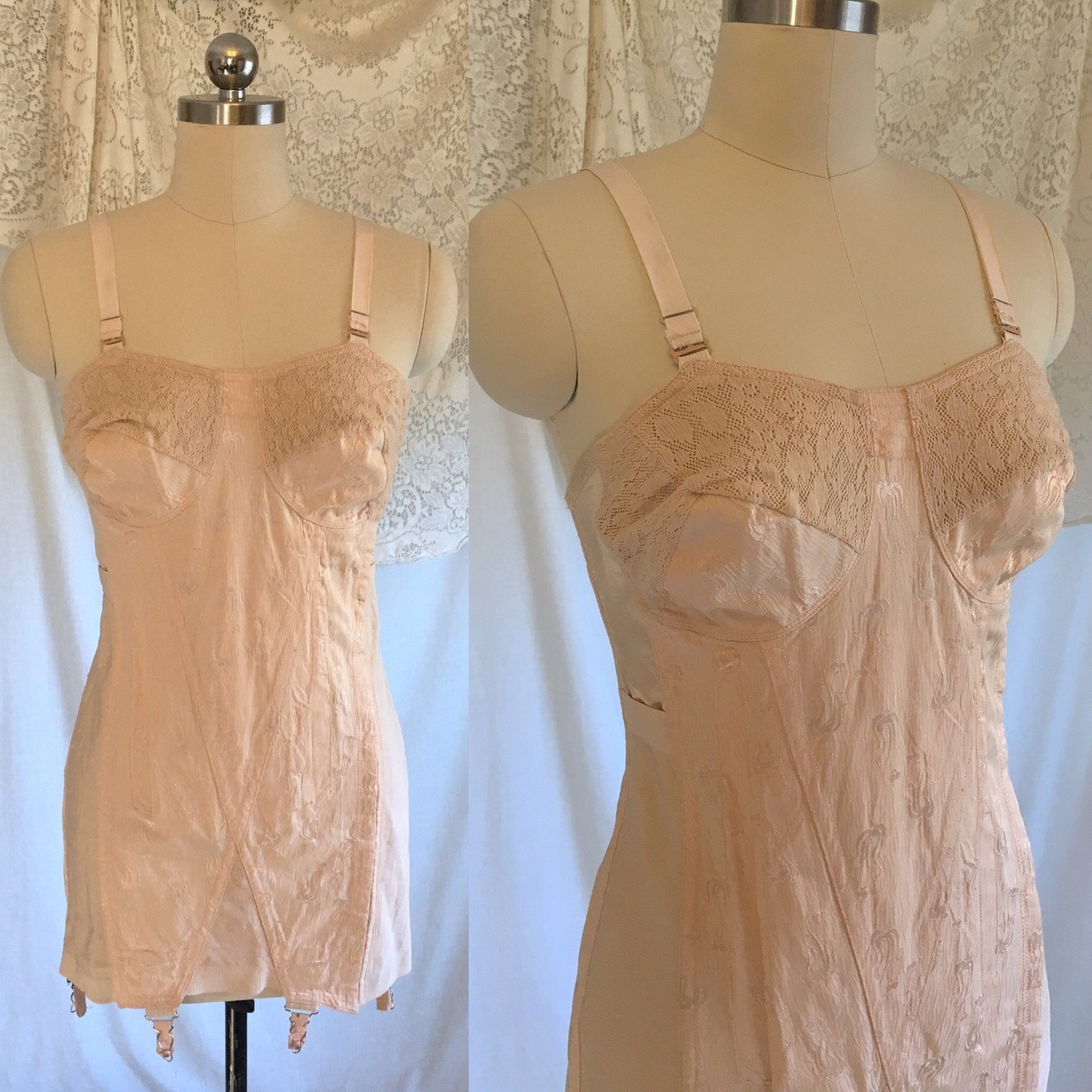 Vintage 1940's All in One Girdle | Antique Rose Pink Rayon with Satin Damask & Cotton Lace | Famise | Size M, LG - Daggers & Dames