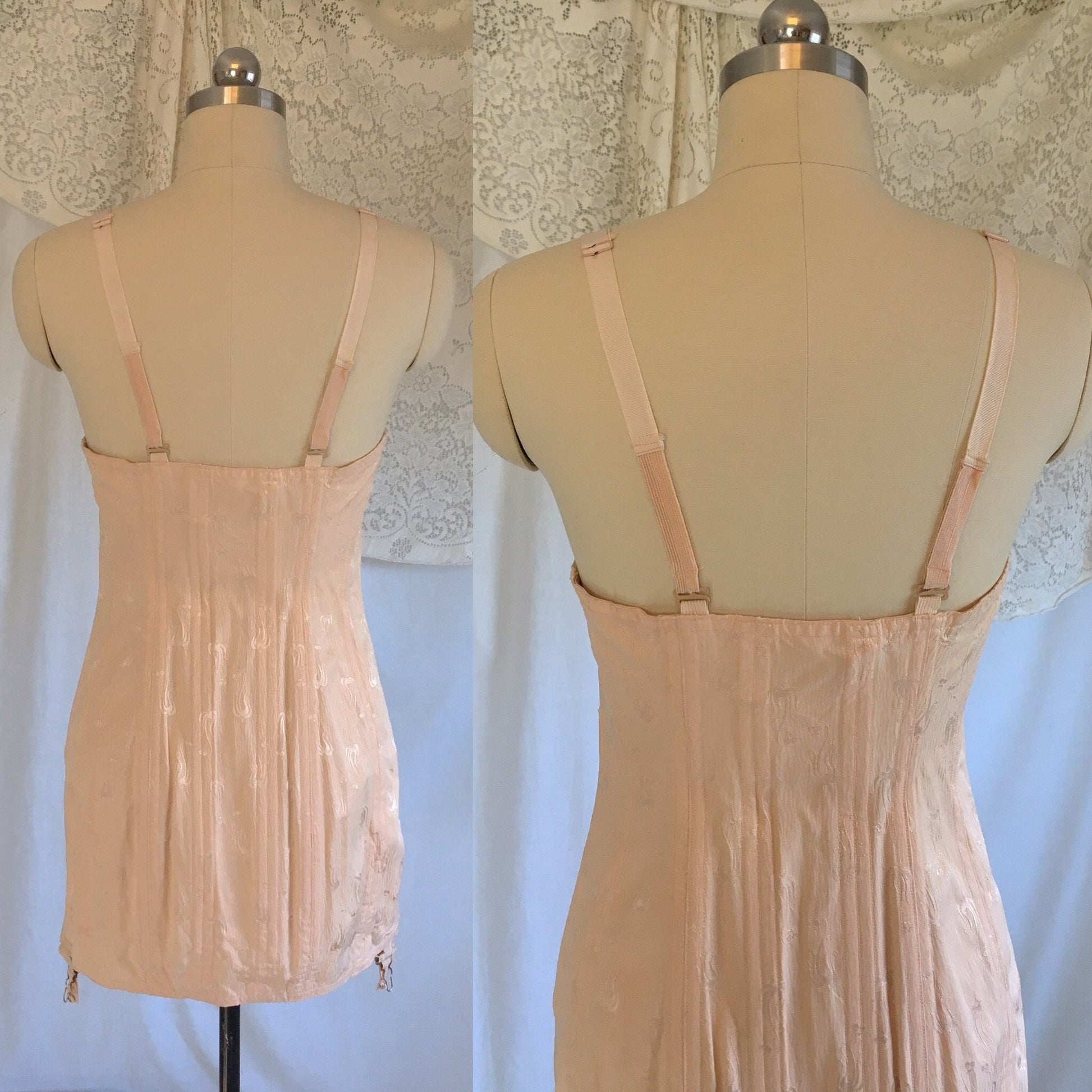 Vintage 1940's All in One Girdle | Antique Rose Pink Rayon with Satin Damask & Cotton Lace | Famise | Size M, LG - Daggers & Dames