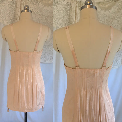 Vintage 1940's All in One Girdle | Antique Rose Pink Rayon with Satin Damask & Cotton Lace | Famise | Size M, LG - Daggers & Dames