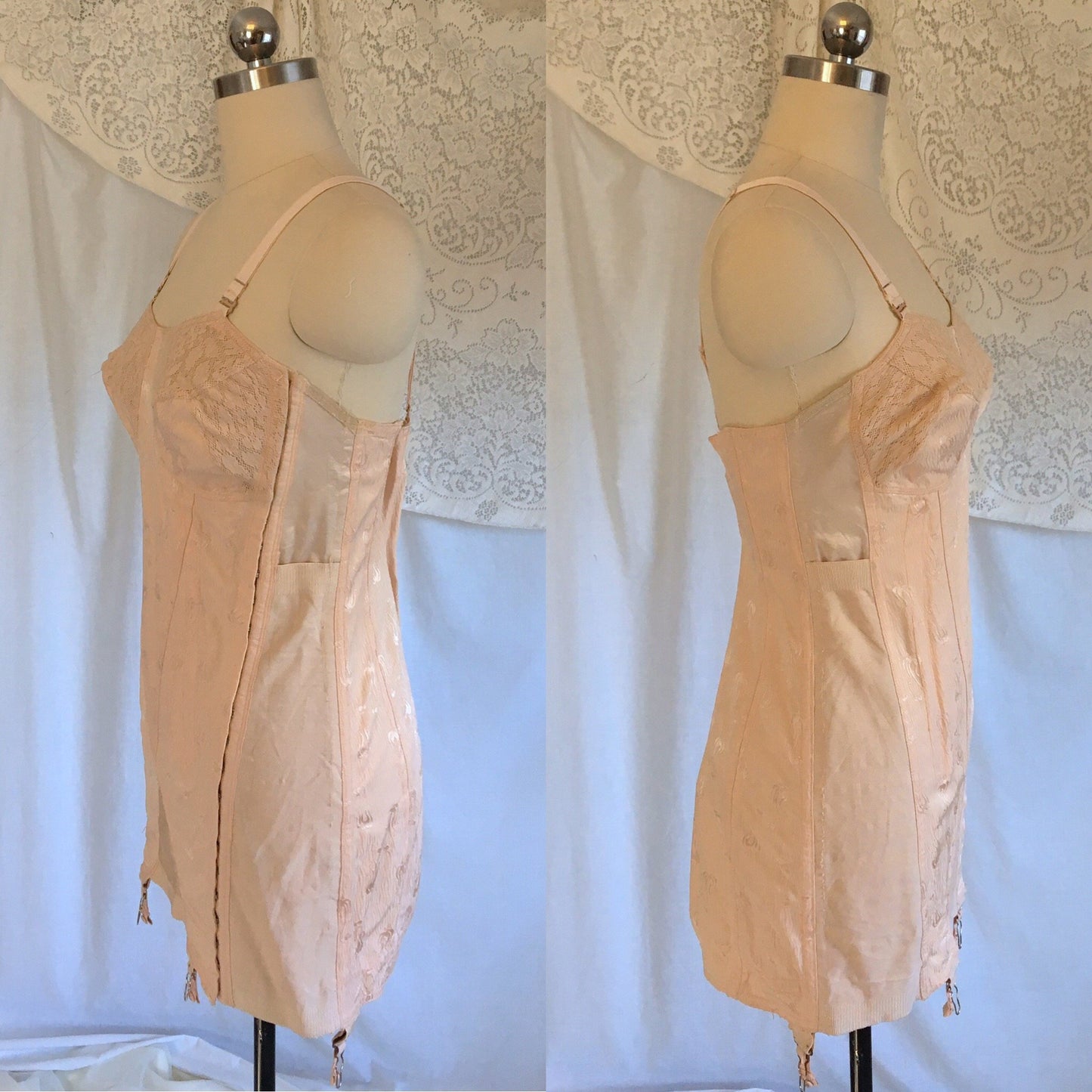 Vintage 1940's All in One Girdle | Antique Rose Pink Rayon with Satin Damask & Cotton Lace | Famise | Size M, LG - Daggers & Dames