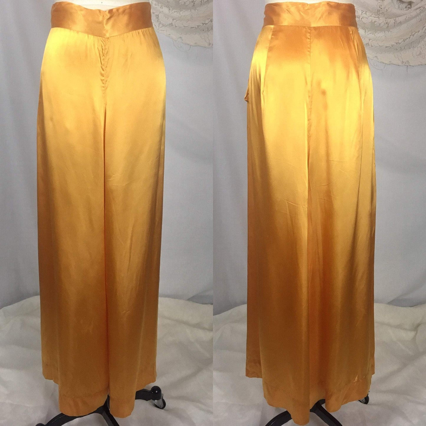 Vintage 1940's Beach Pajama Set | Size LG | Gold Rayon Satin Robe with Pajama Top & Palazzo Pants | Rothley - Maurice Rothschild - Daggers & Dames