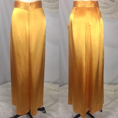 Vintage 1940's Beach Pajama Set | Size LG | Gold Rayon Satin Robe with Pajama Top & Palazzo Pants | Rothley - Maurice Rothschild - Daggers & Dames