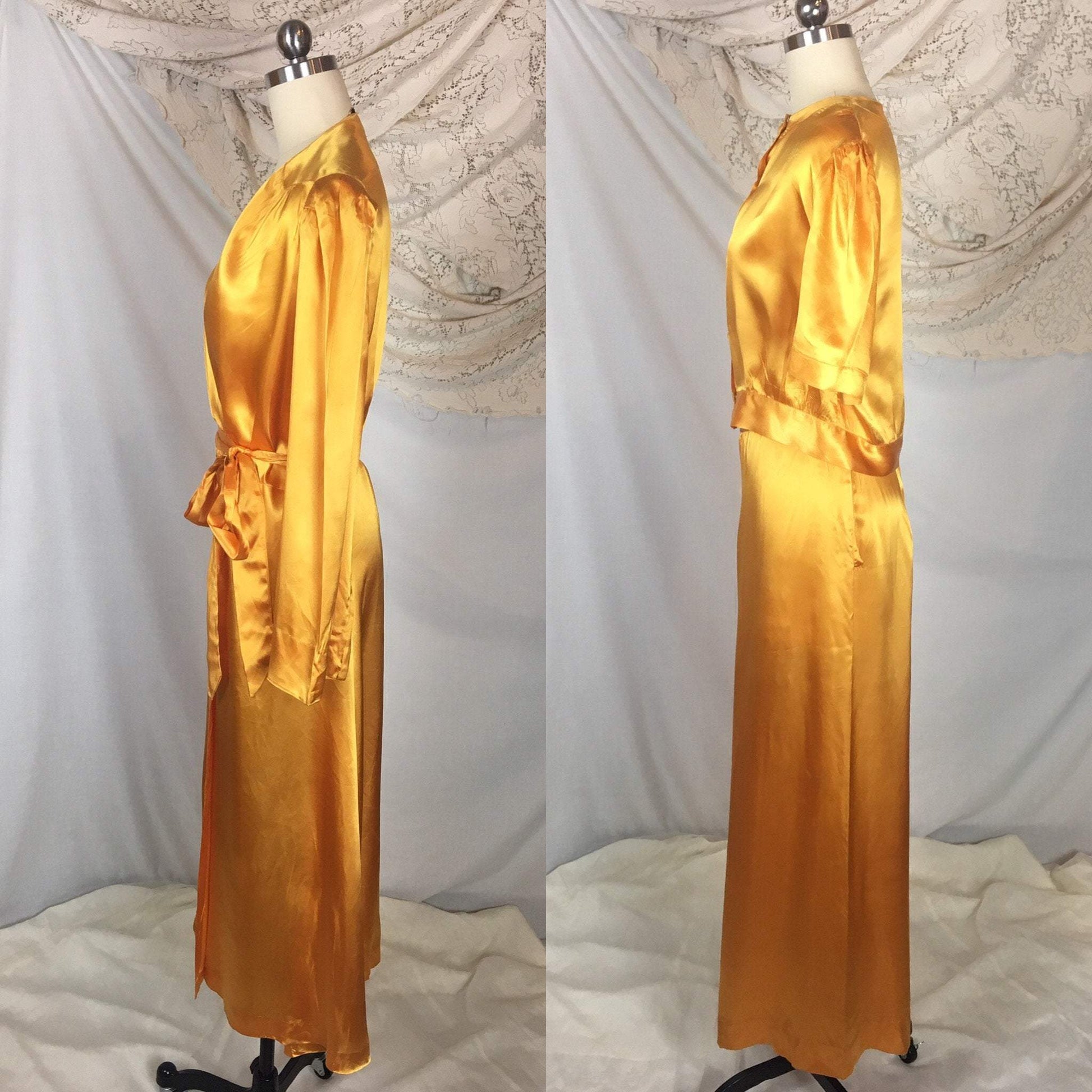 Vintage 1940's Beach Pajama Set | Size LG | Gold Rayon Satin Robe with Pajama Top & Palazzo Pants | Rothley - Maurice Rothschild - Daggers & Dames