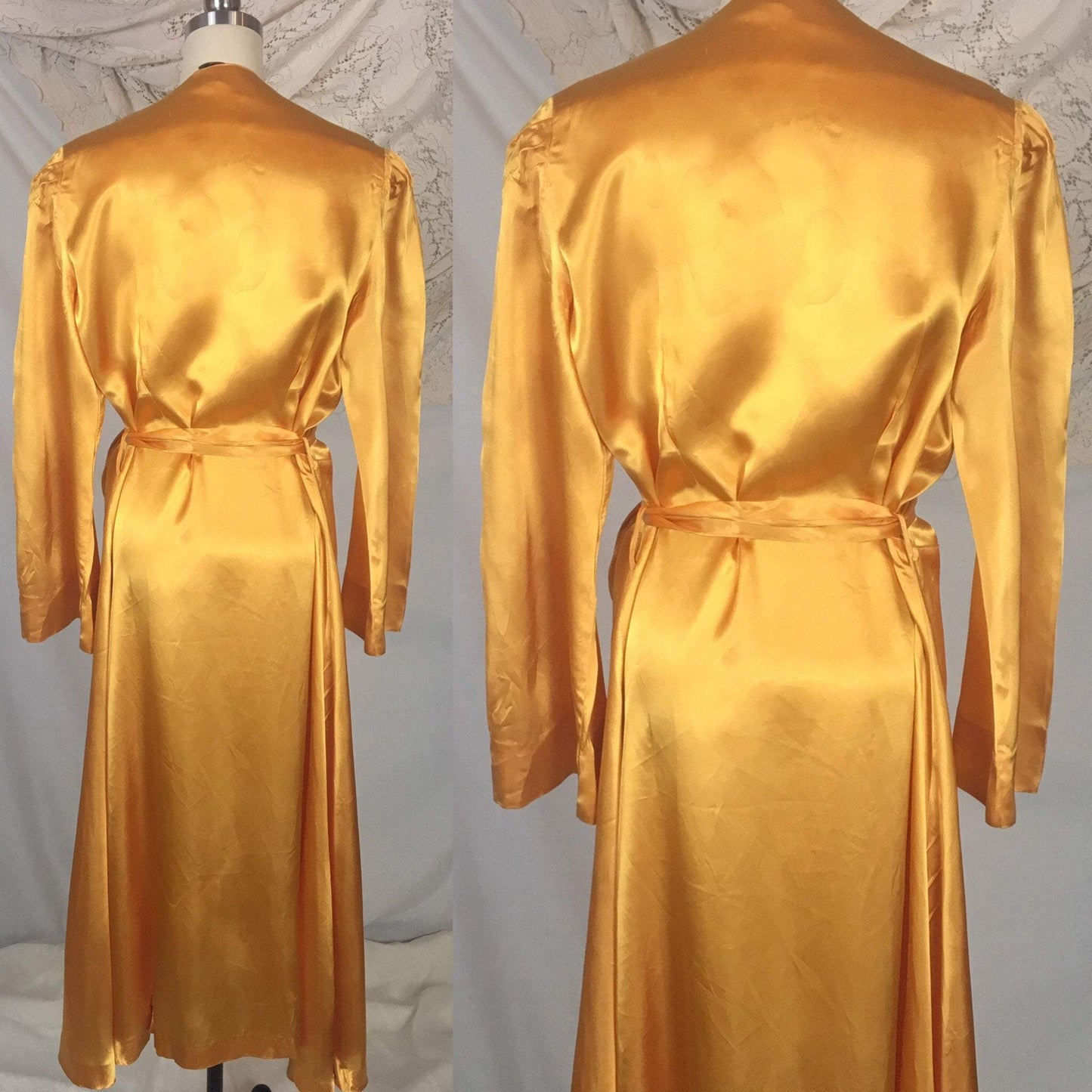 Vintage 1940's Beach Pajama Set | Size LG | Gold Rayon Satin Robe with Pajama Top & Palazzo Pants | Rothley - Maurice Rothschild - Daggers & Dames