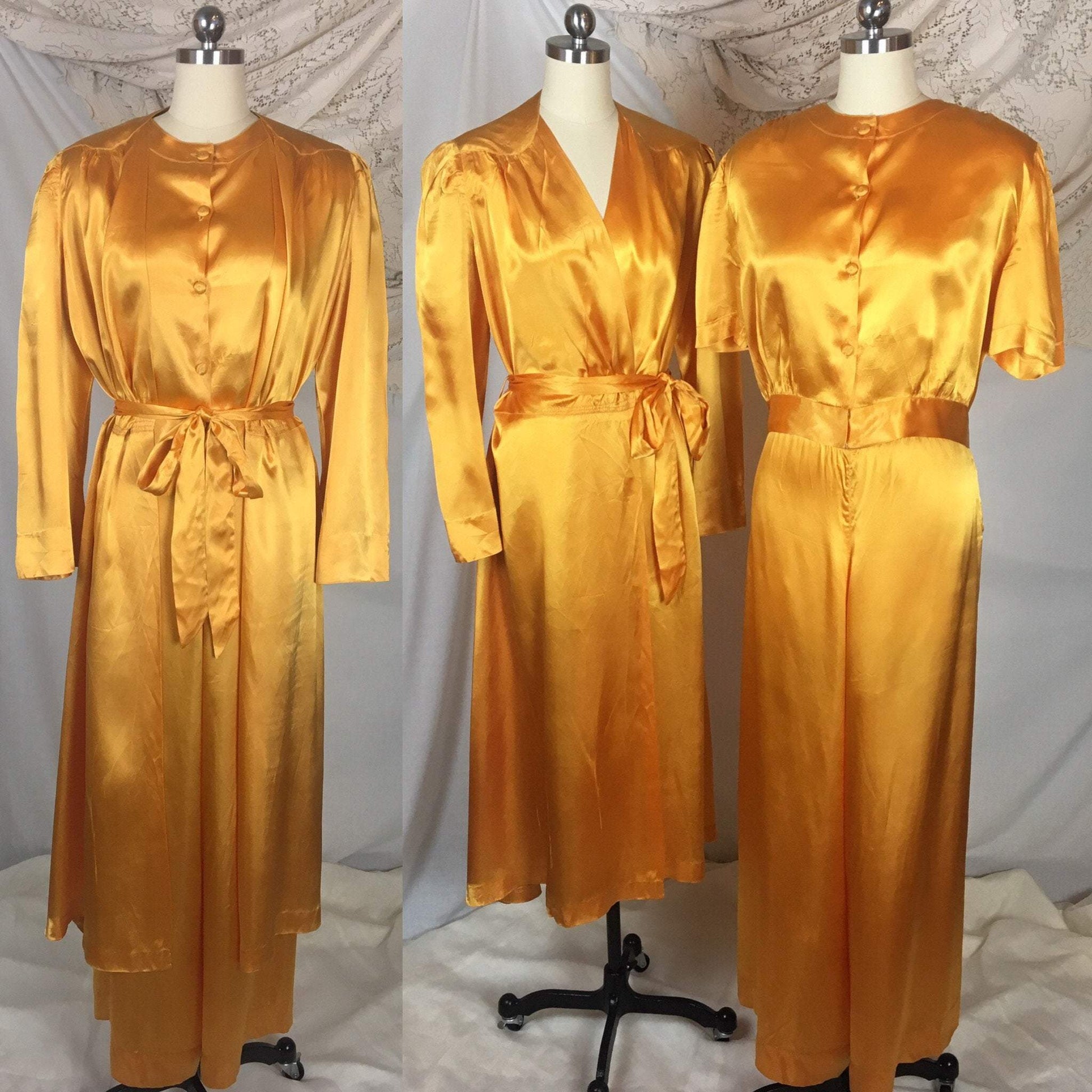 Vintage 1940's Beach Pajama Set | Size LG | Gold Rayon Satin Robe with Pajama Top & Palazzo Pants | Rothley - Maurice Rothschild - Daggers & Dames