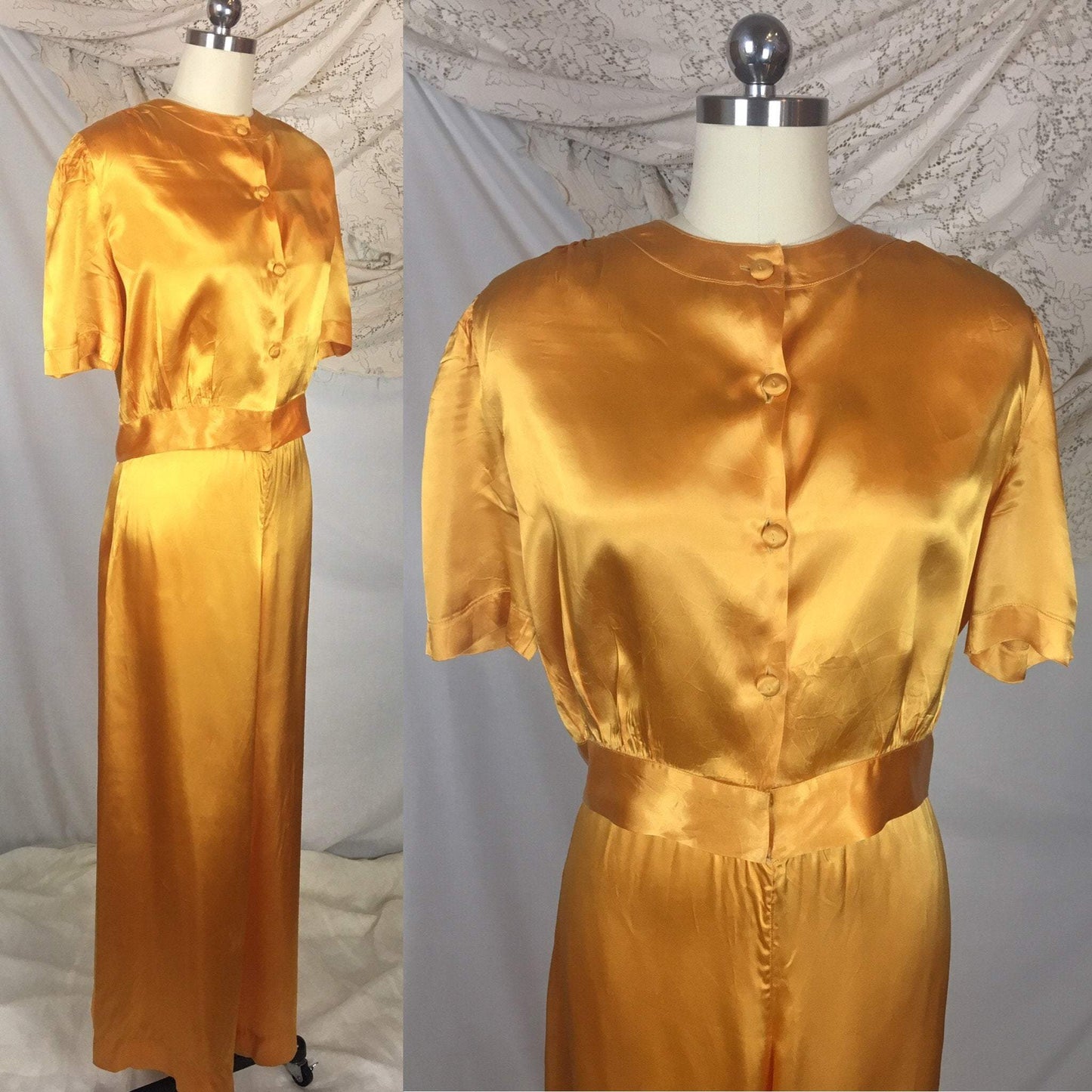 Vintage 1940's Beach Pajama Set | Size LG | Gold Rayon Satin Robe with Pajama Top & Palazzo Pants | Rothley - Maurice Rothschild - Daggers & Dames