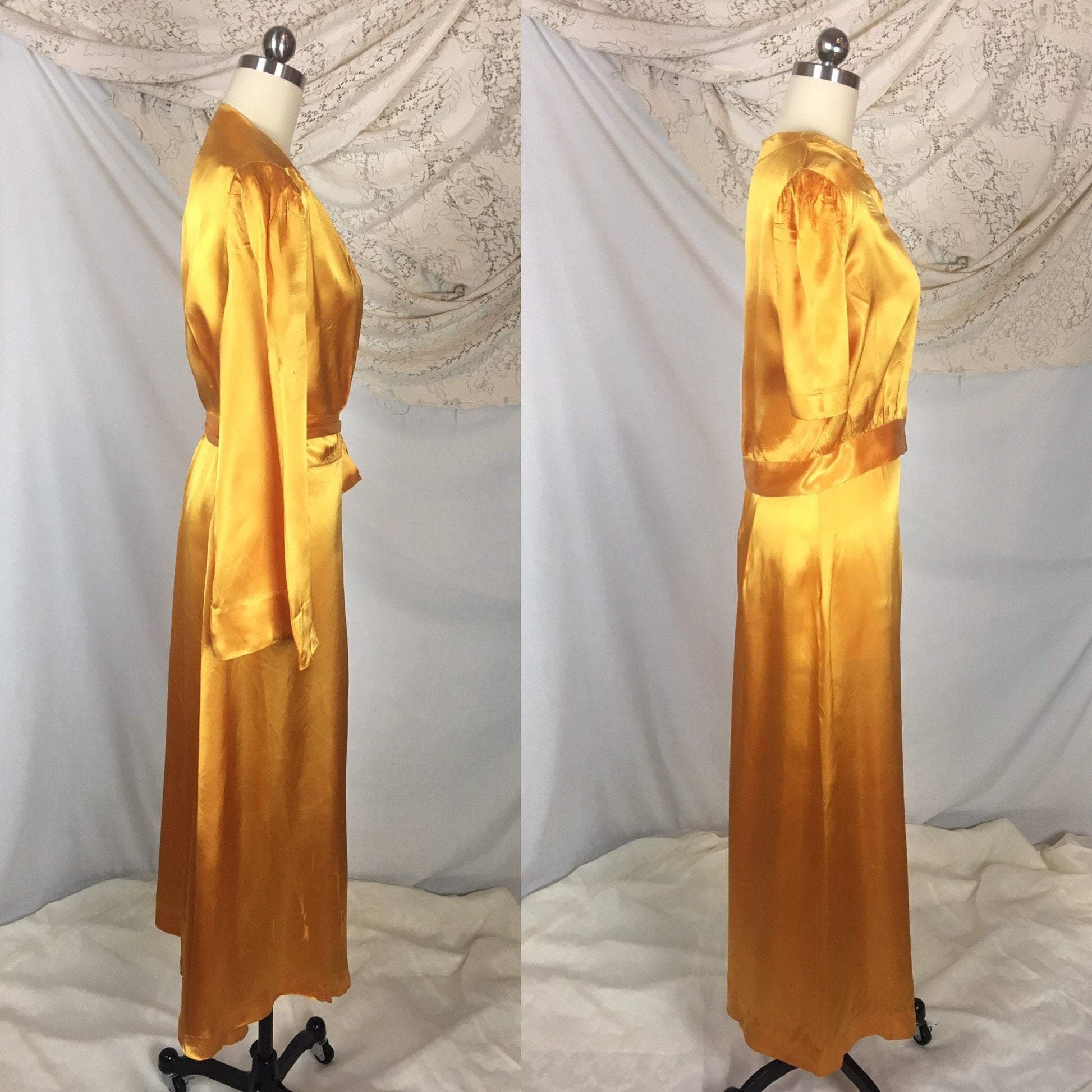 Vintage 1940's Beach Pajama Set | Size LG | Gold Rayon Satin Robe with Pajama Top & Palazzo Pants | Rothley - Maurice Rothschild - Daggers & Dames