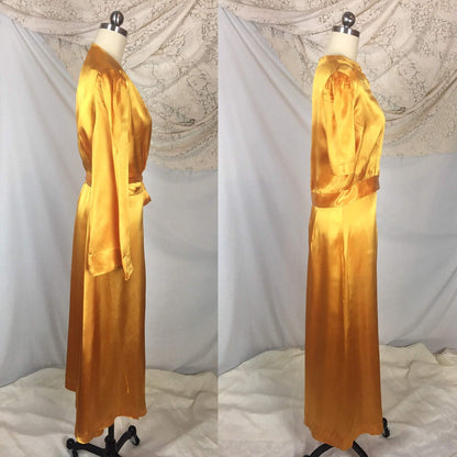 Vintage 1940's Beach Pajama Set | Size LG | Gold Rayon Satin Robe with Pajama Top & Palazzo Pants | Rothley - Maurice Rothschild - Daggers & Dames