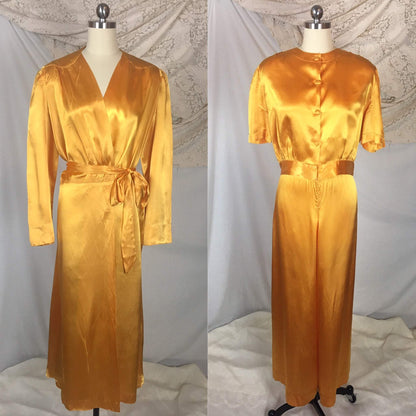Vintage 1940's Beach Pajama Set | Size LG | Gold Rayon Satin Robe with Pajama Top & Palazzo Pants | Rothley - Maurice Rothschild - Daggers & Dames