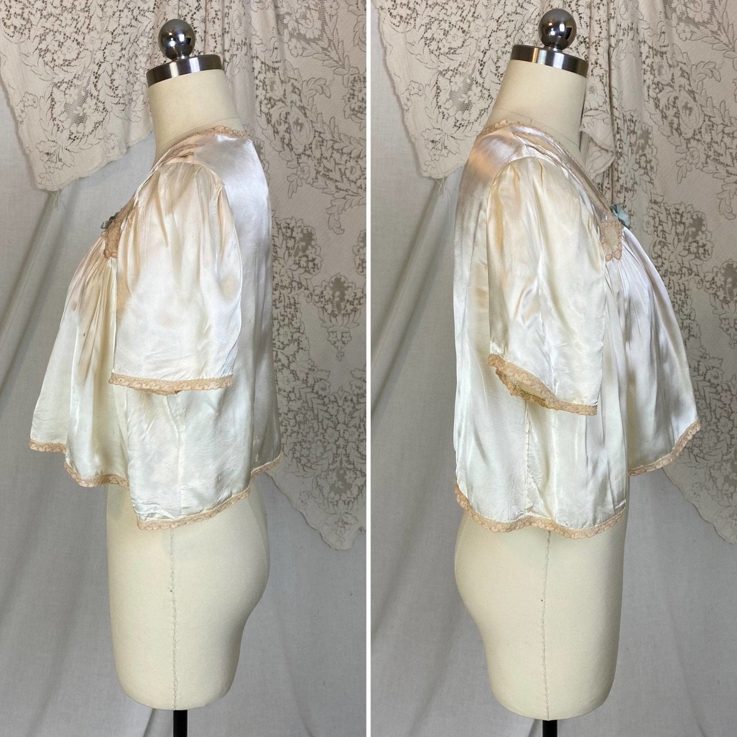Vintage 1940's Bed Jacket | Pale Champagne Ivory Rayon Satin with Warm Nude Lace | Size XS, S - Daggers & Dames
