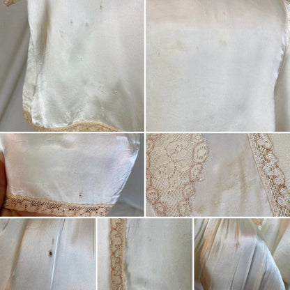 Vintage 1940's Bed Jacket | Pale Champagne Ivory Rayon Satin with Warm Nude Lace | Size XS, S - Daggers & Dames