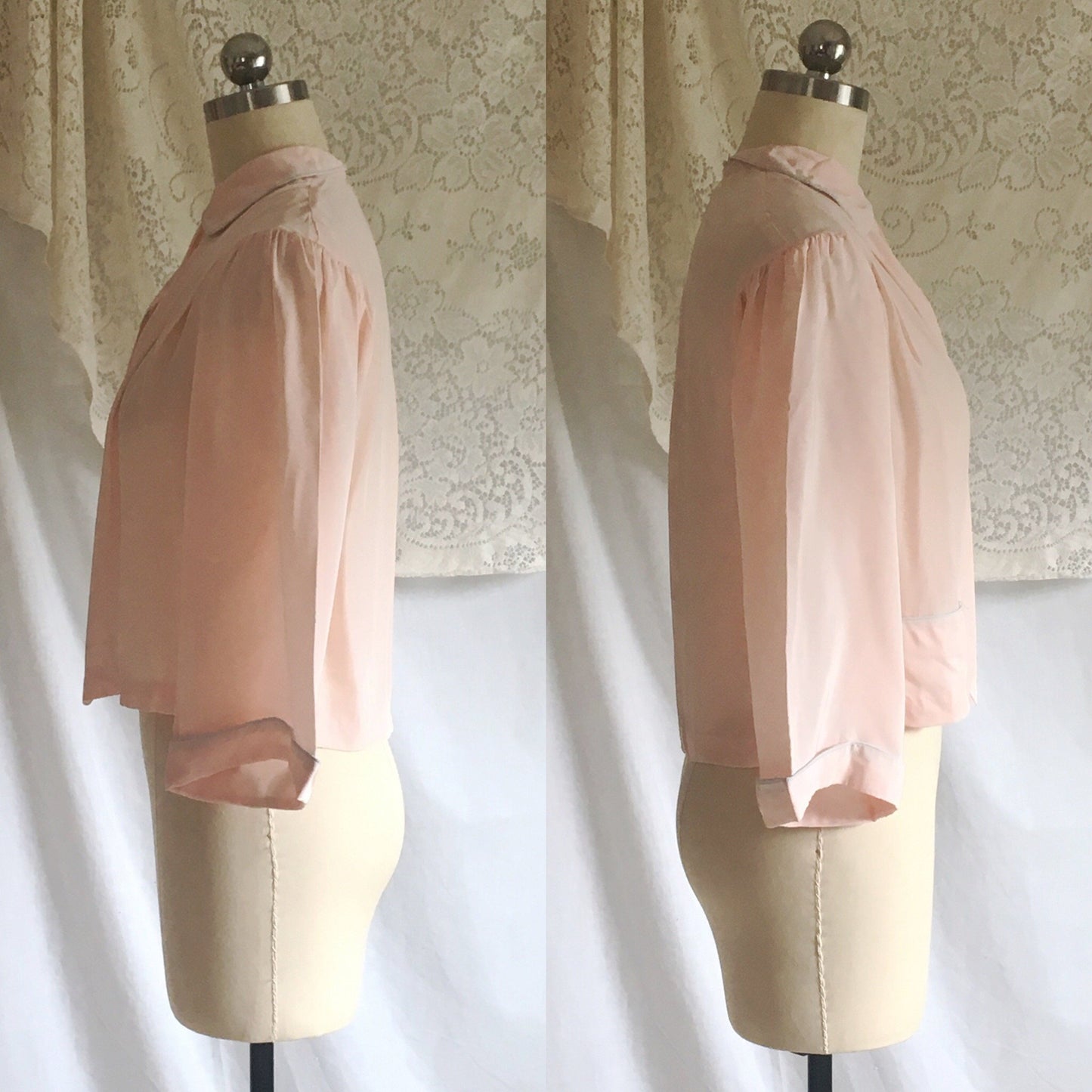 Vintage 1940's Bed Jacket | Pale Pink Rayon with Gray Piping and Bell Sleeves | Size S, M - Daggers & Dames