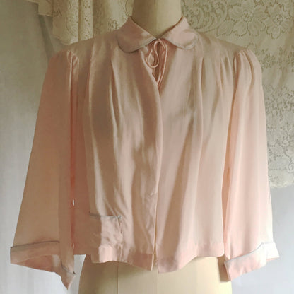 Vintage 1940's Bed Jacket | Pale Pink Rayon with Gray Piping and Bell Sleeves | Size S, M - Daggers & Dames