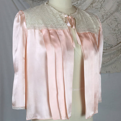 VIntage 1940's Bed Jacket | Rosy Pink Rayon Satin with Lace & Pleated Bodice | Size SM, MED, LG - Daggers & Dames