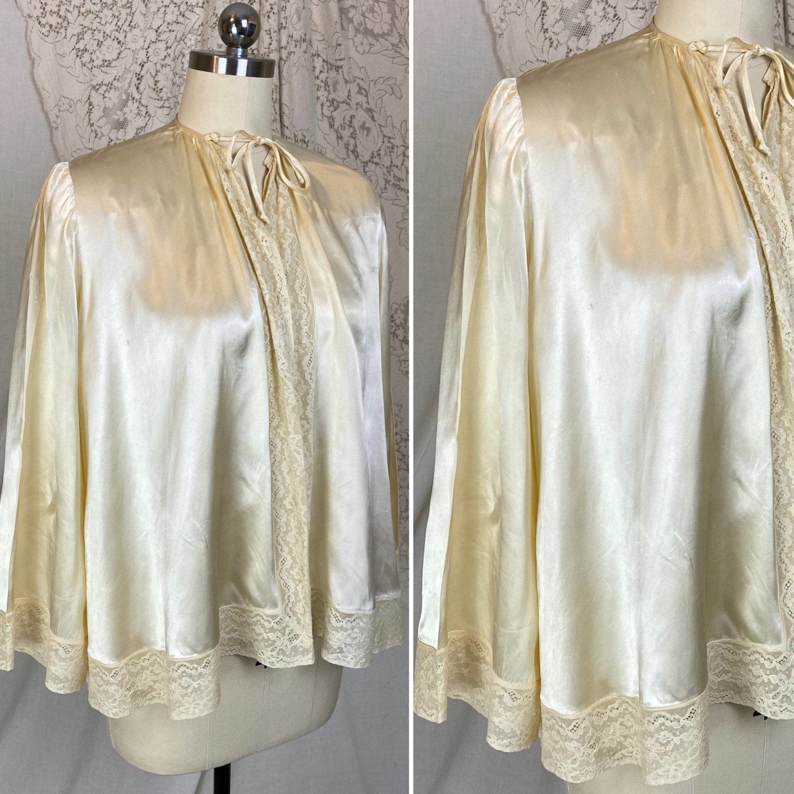 Vintage 1940's Bed Jacket | Warm Champagne Ivory Rayon Satin with Lace & Belled Sleeves | Size S, M - Daggers & Dames