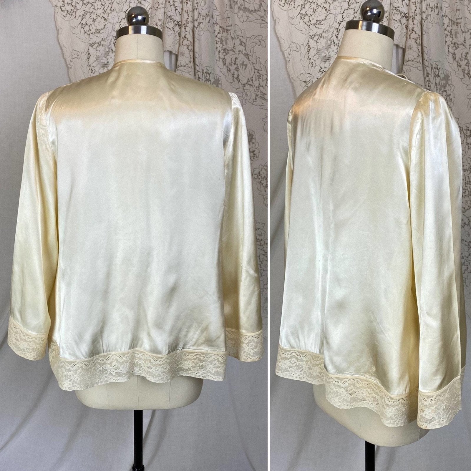 Vintage 1940's Bed Jacket | Warm Champagne Ivory Rayon Satin with Lace & Belled Sleeves | Size S, M - Daggers & Dames