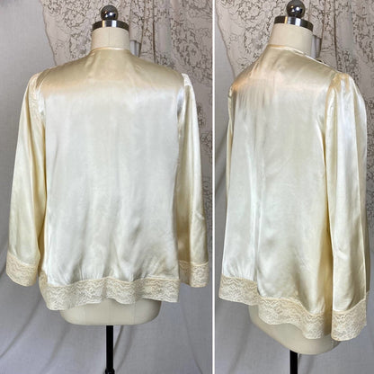 Vintage 1940's Bed Jacket | Warm Champagne Ivory Rayon Satin with Lace & Belled Sleeves | Size S, M - Daggers & Dames