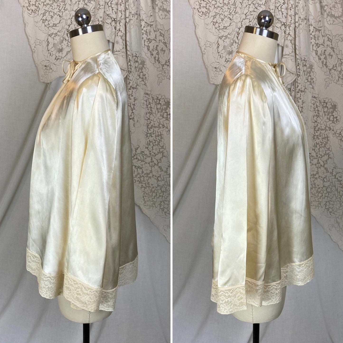 Vintage 1940's Bed Jacket | Warm Champagne Ivory Rayon Satin with Lace & Belled Sleeves | Size S, M - Daggers & Dames