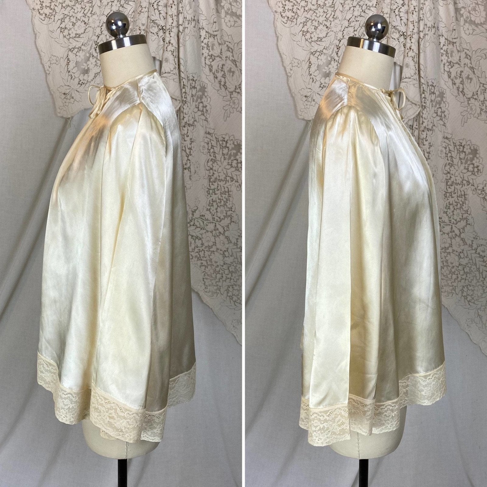 Vintage 1940's Bed Jacket | Warm Champagne Ivory Rayon Satin with Lace & Belled Sleeves | Size S, M - Daggers & Dames