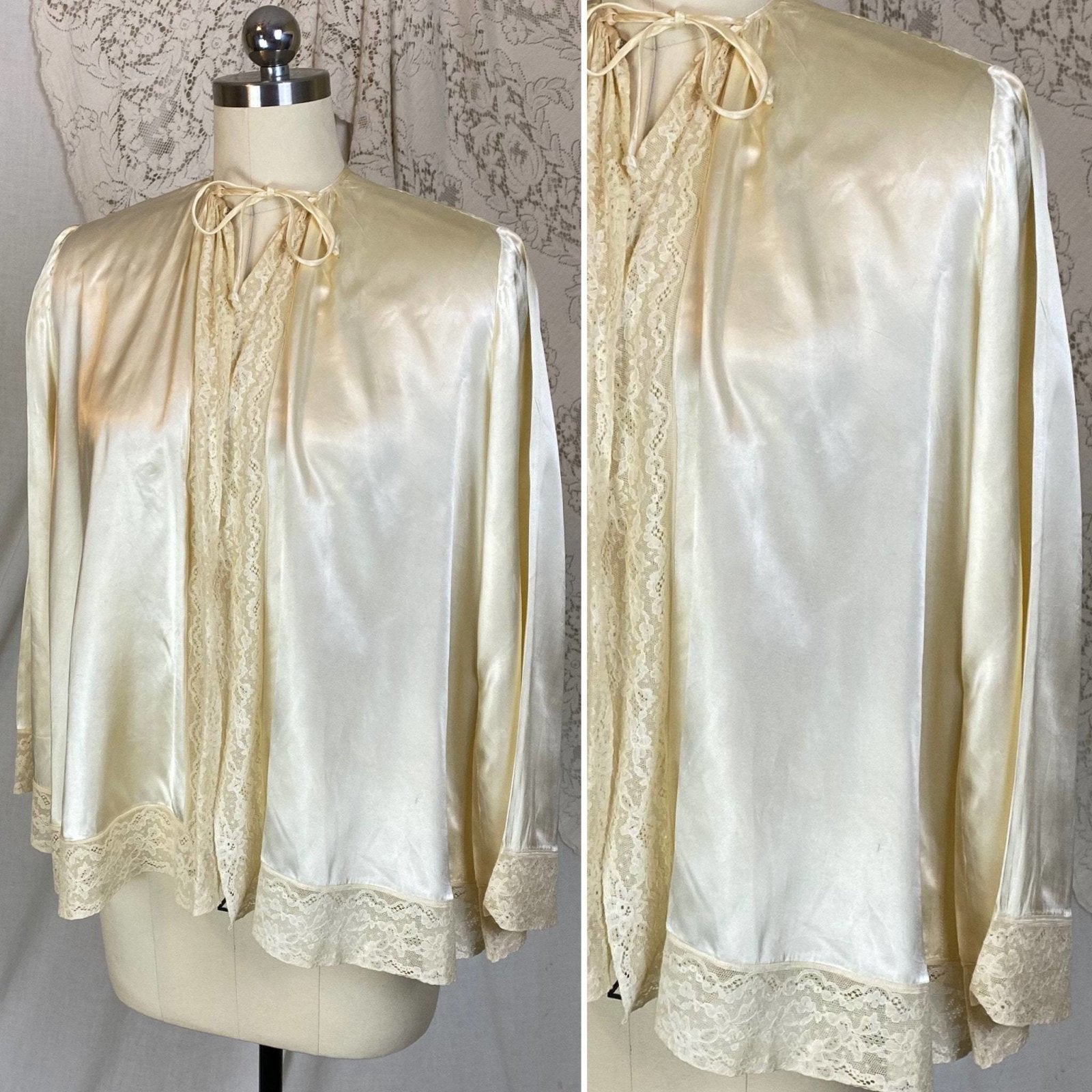 Vintage 1940's Bed Jacket | Warm Champagne Ivory Rayon Satin with Lace & Belled Sleeves | Size S, M - Daggers & Dames