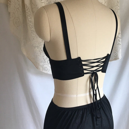 Vintage 1940's Bra | Black Rayon Satin & Lace Up Corset Back | Bullet Bra | Sexy Lingerie | French Uplift by Rose Marx | Size 34 - Daggers & Dames