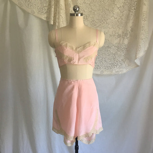 Vintage 1940's Bra & Tap Pants -New in Box | Light Pink Pure Silk with Ecru Lace | New Old Stock | Flapper Lingerie Set | Size M, LG - Daggers & Dames