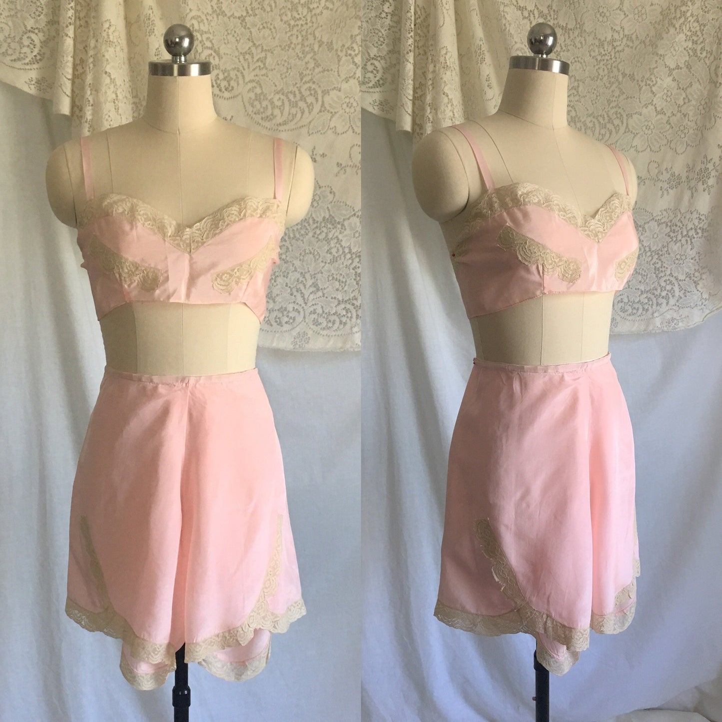 Vintage 1940's Bra & Tap Pants -New in Box | Light Pink Pure Silk with Ecru Lace | New Old Stock | Flapper Lingerie Set | Size M, LG - Daggers & Dames