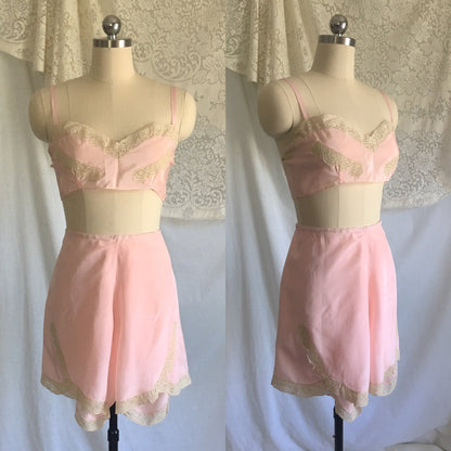 Vintage 1940's Bra & Tap Pants -New in Box | Light Pink Pure Silk with Ecru Lace | New Old Stock | Flapper Lingerie Set | Size M, LG - Daggers & Dames