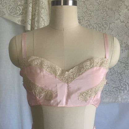 Vintage 1940's Bra & Tap Pants -New in Box | Light Pink Pure Silk with Ecru Lace | New Old Stock | Flapper Lingerie Set | Size M, LG - Daggers & Dames
