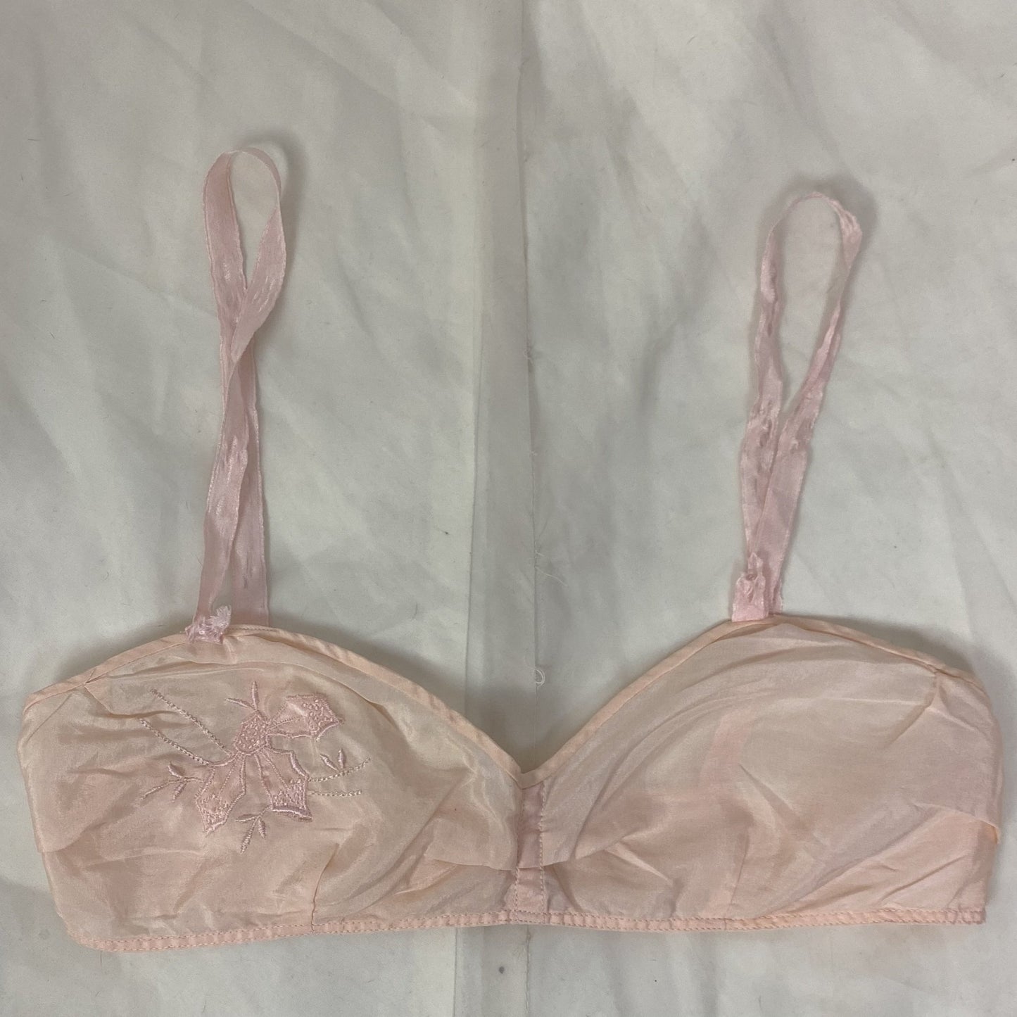 Vintage 1940's Bralette & Tap Pant Lingerie Set | Palest Pink Silk Crepe with Satin Appliques | Size XS, 32 B - Daggers & Dames