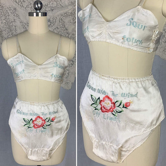Vintage 1940's Bralette & Tap Pant Set | Buttermilk White Rayon Satin with Embroidery | Size XS | WWII Souvenir Lingerie, Made in Japan - Daggers & Dames