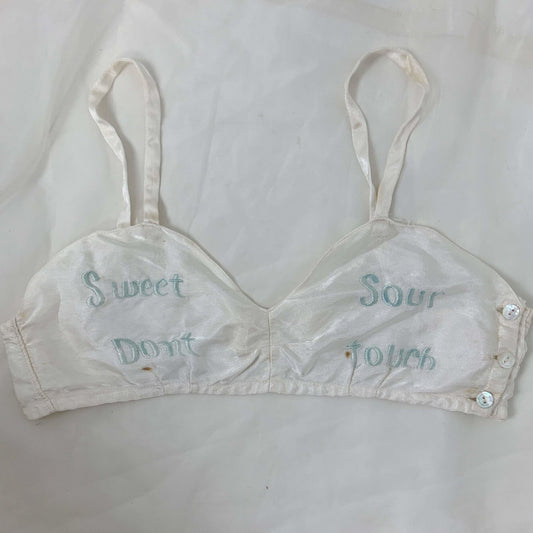 Vintage 1940's Bralette & Tap Pant Set | Buttermilk White Rayon Satin with Embroidery | Size XS | WWII Souvenir Lingerie, Made in Japan - Daggers & Dames