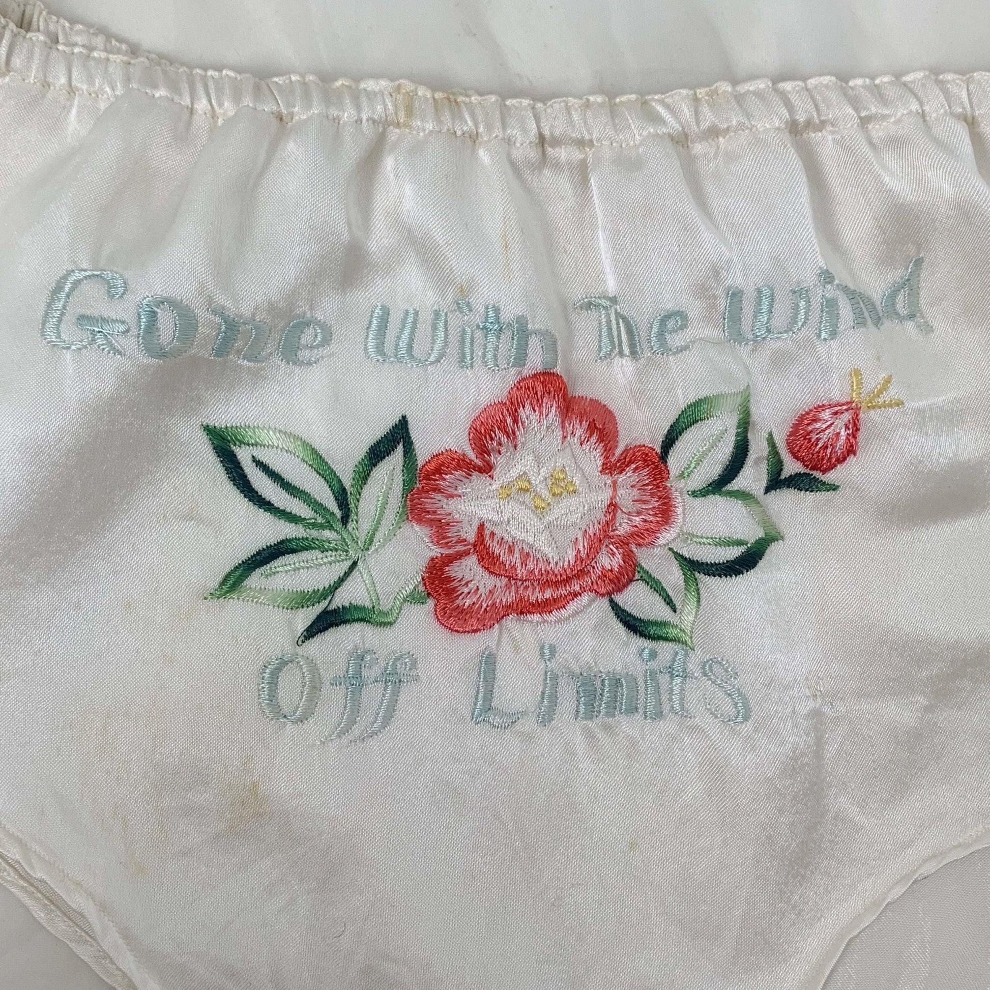 Vintage 1940's Bralette & Tap Pant Set | Buttermilk White Rayon Satin with Embroidery | Size XS | WWII Souvenir Lingerie, Made in Japan - Daggers & Dames