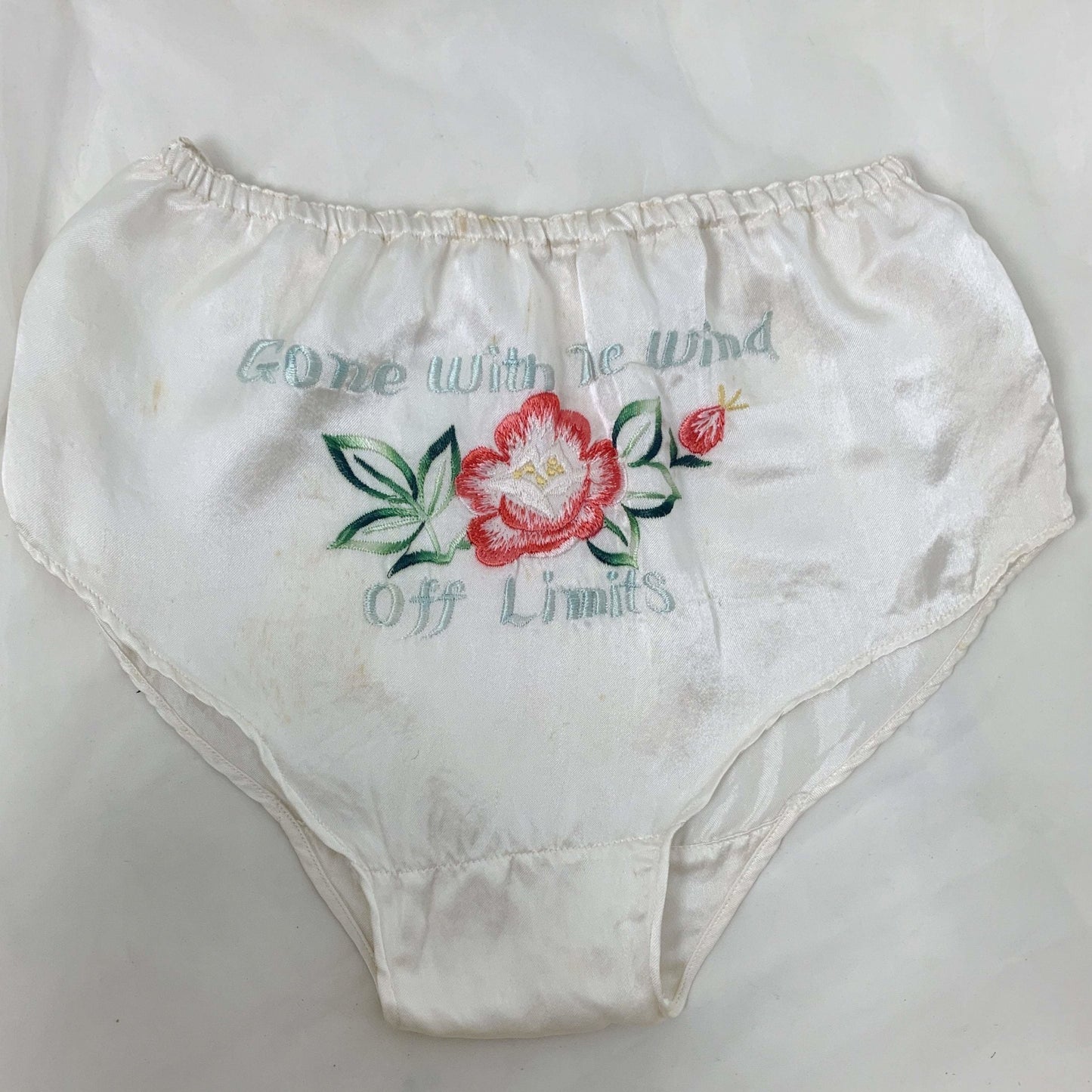 Vintage 1940's Bralette & Tap Pant Set | Buttermilk White Rayon Satin with Embroidery | Size XS | WWII Souvenir Lingerie, Made in Japan - Daggers & Dames