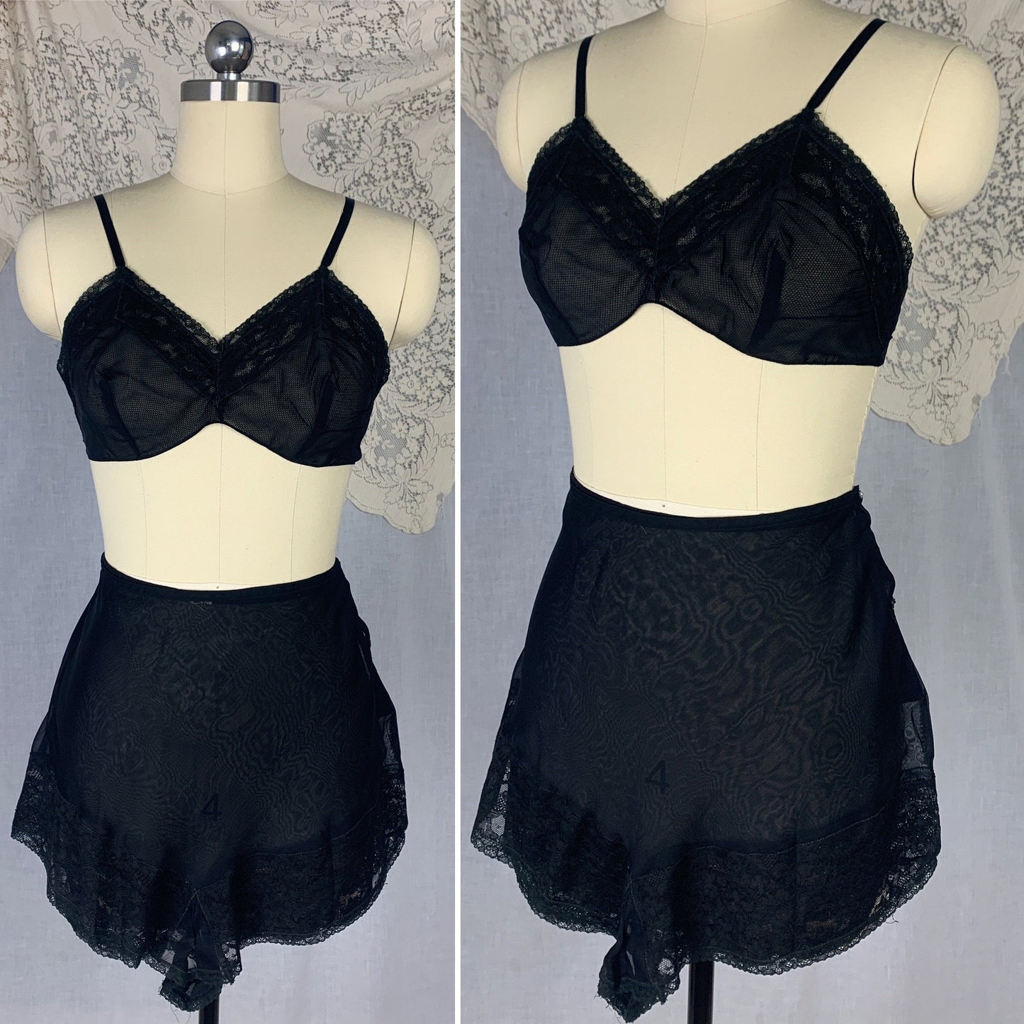 Vintage 1940's Bralette & Tap Pant Set | Sheer Black Rayon Chiffon with Lace | Size S, M - Daggers & Dames