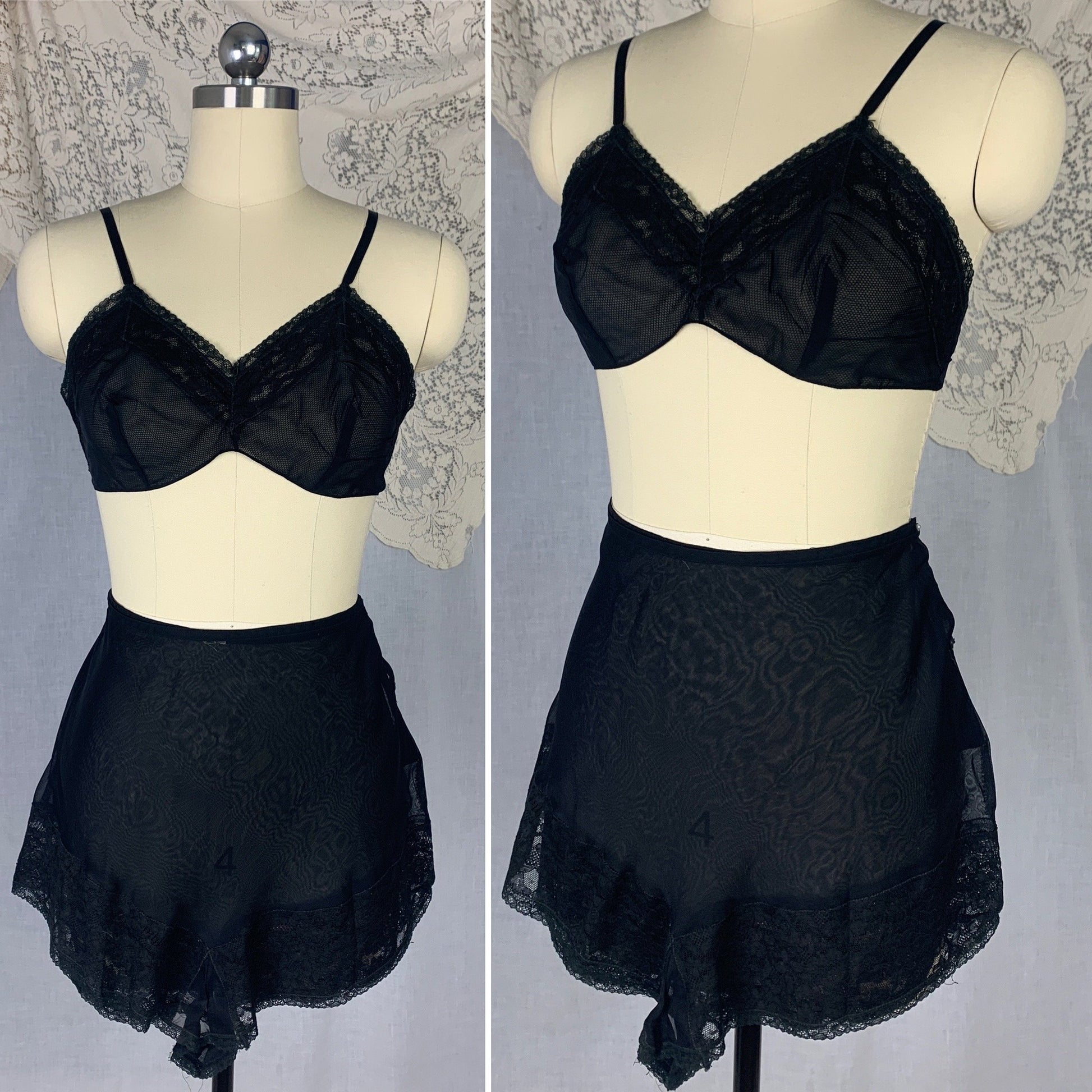Vintage 1940's Bralette & Tap Pant Set | Sheer Black Rayon Chiffon with Lace | Size S, M - Daggers & Dames