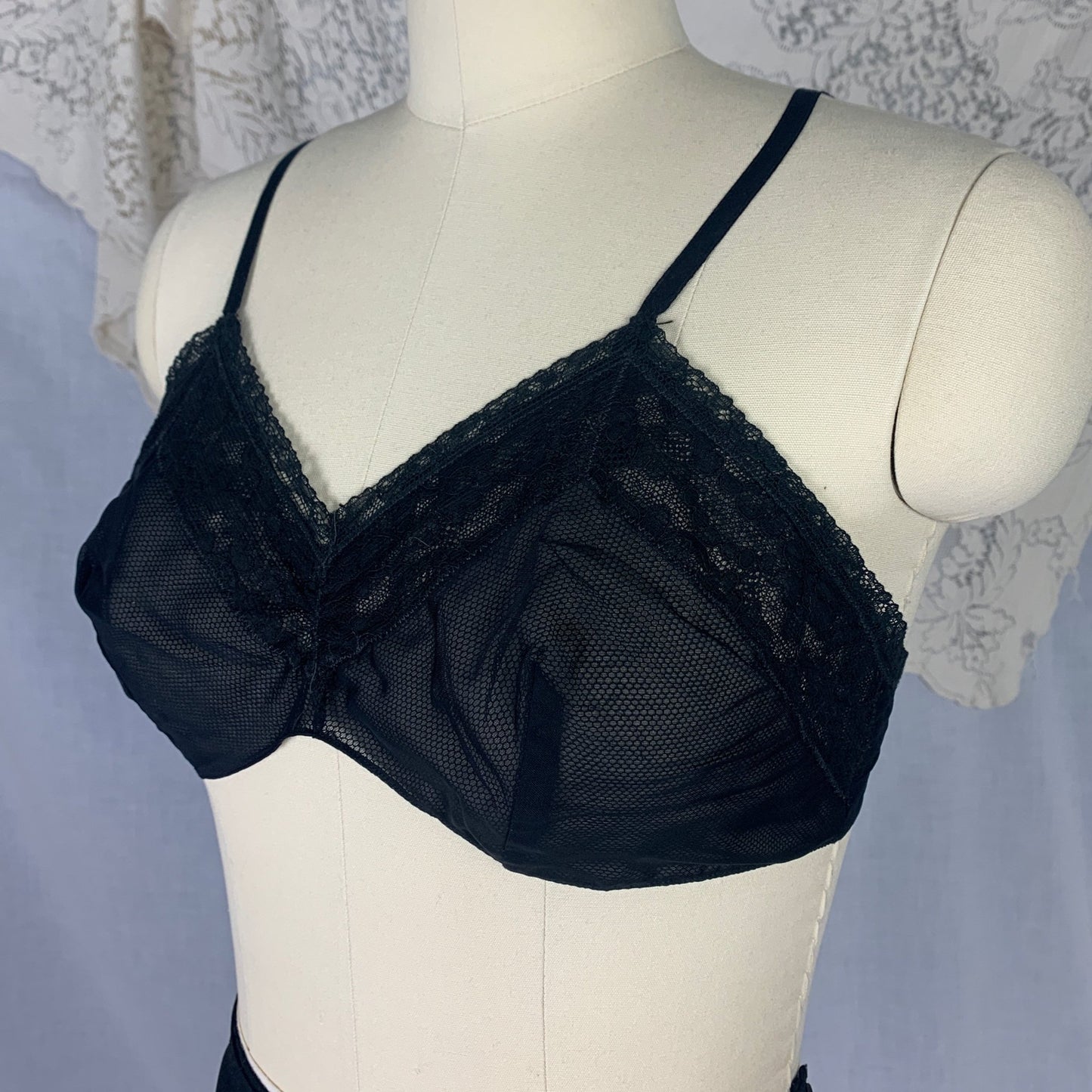 Vintage 1940's Bralette & Tap Pant Set | Sheer Black Rayon Chiffon with Lace | Size S, M - Daggers & Dames