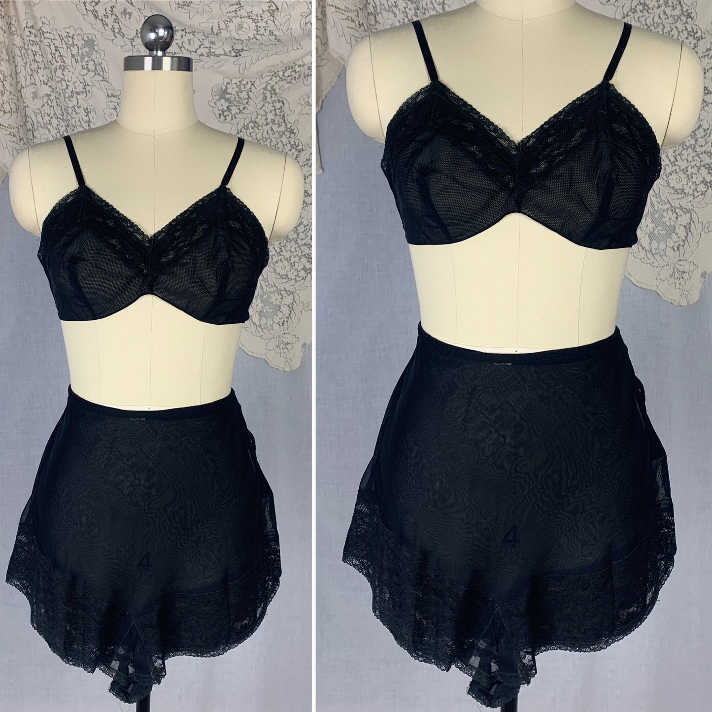 Vintage 1940's Bralette & Tap Pant Set | Sheer Black Rayon Chiffon with Lace | Size S, M - Daggers & Dames